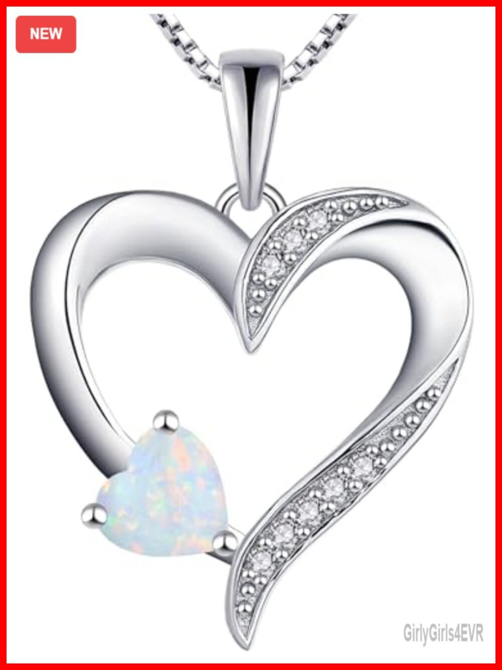 925 Sterling Silver Heart Pendant Necklace Opal Birthstone 18in